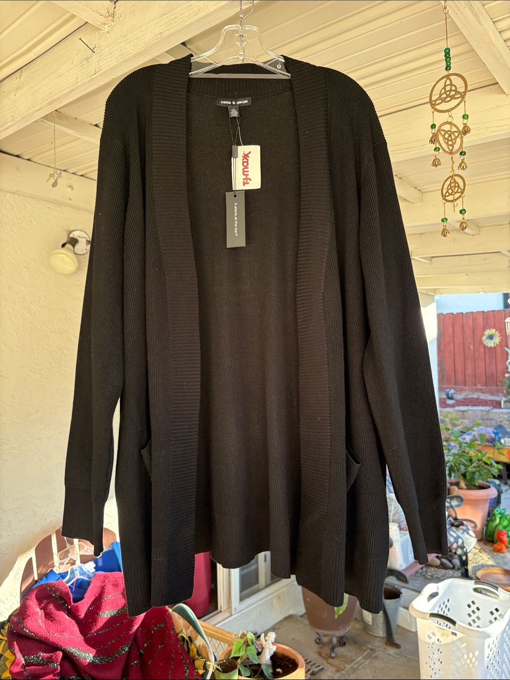 Cable & Gauge Black Open-Front Ribbed-Trim Cardigan